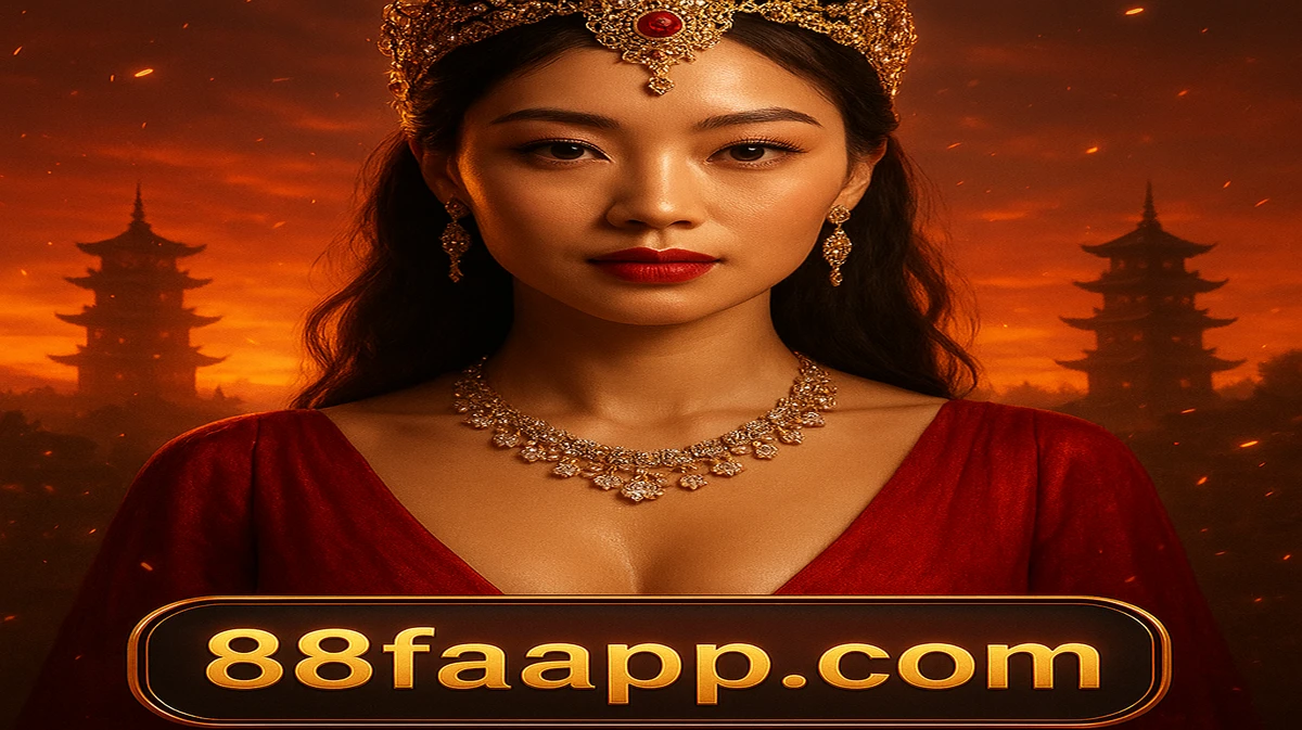 একটি অতুলনীয় সুন্দর এশীয় নারী ঐতিহ্যবাহী পোশাক ও জটিল জহরত জড়িয়ে একটি শান্ত মন্দিরের সামনে, সামনের দিকে 88fa‑র গোলাকার নকশা দৃশ্যমান।