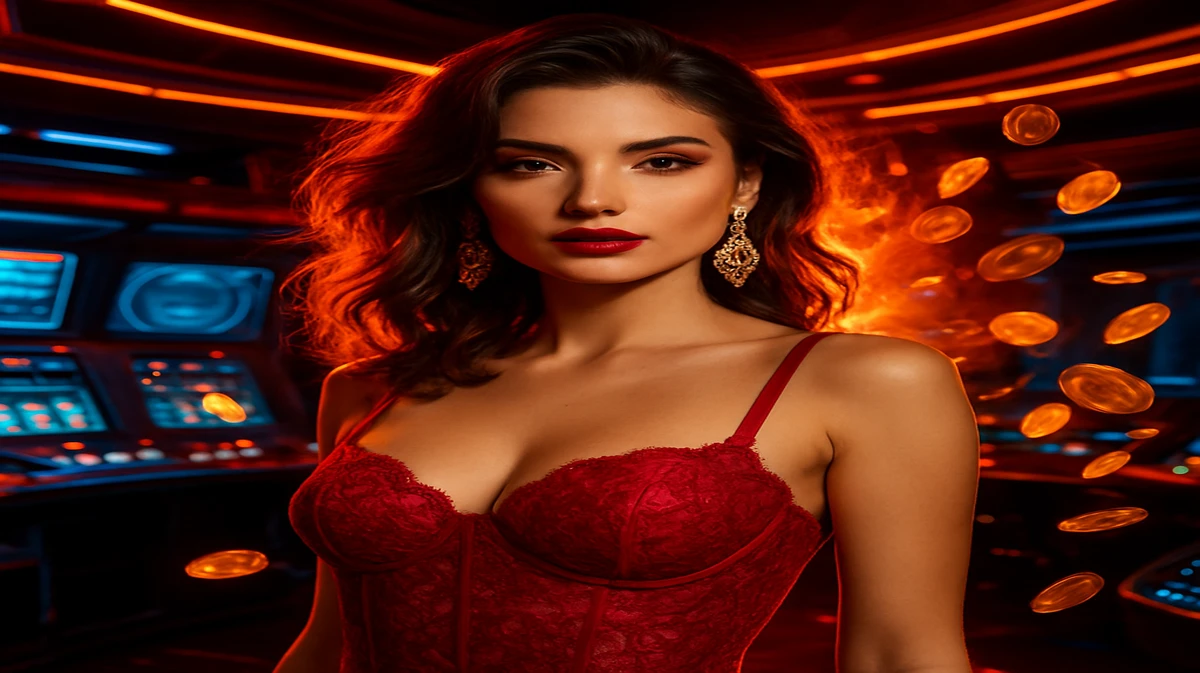 ওয়েভি চুল ও ঝলমলে জহরত-গহনা পরিহিত এক অত্যন্ত সুন্দর নারী 88fa গেমিং প্ল্যাটফর্মের উজ্জ্বল আলোয় ভরা মঞ্চে দাঁড়িয়ে, চারপাশে আরকেড গেমগুলোর দীপ্তি ছড়িয়ে পড়েছে।