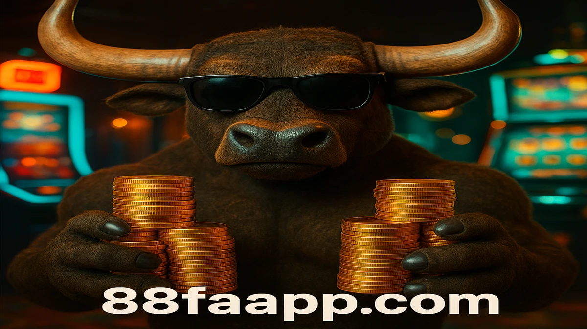 88fa-র ফরচুন অক্স গেমের শক্তিশালী মুখপাত্র, সানগ্লাস-পরা এক কুল ষাঁড়, উজ্জ্বল গেমিং প্ল্যাটফর্ম-প্রেক্ষাপটে সোনা মুদ্রার স্তূপ ধরে আছে।